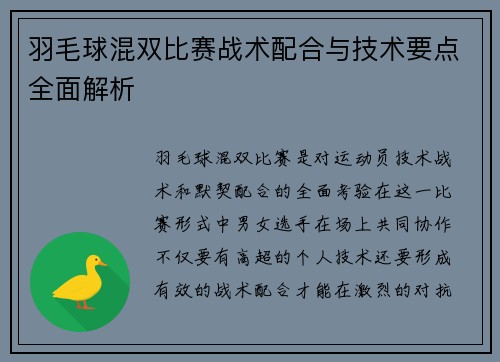 羽毛球混双比赛战术配合与技术要点全面解析 羽毛球混双比赛战术配合与技术要点全面解析