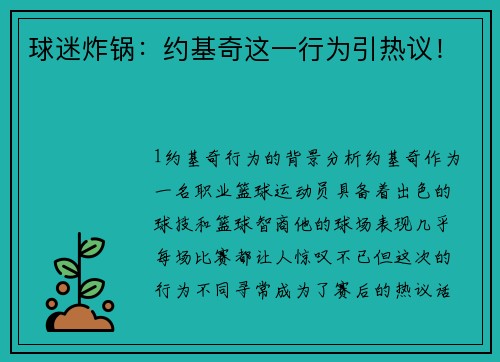 球迷炸锅：约基奇这一行为引热议！