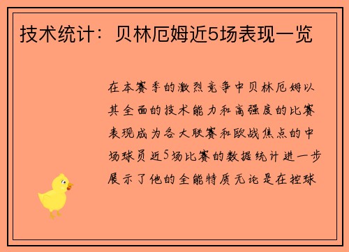 技术统计：贝林厄姆近5场表现一览