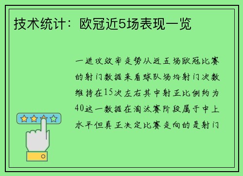 技术统计：欧冠近5场表现一览